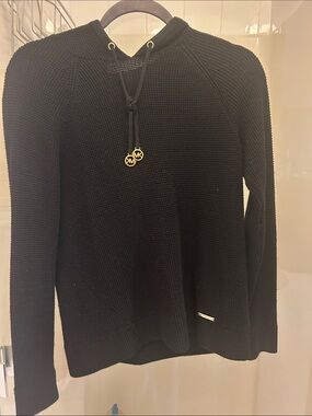 Michael Kors Black Hooded Waffle Knit Sweater with Drawstring Accents